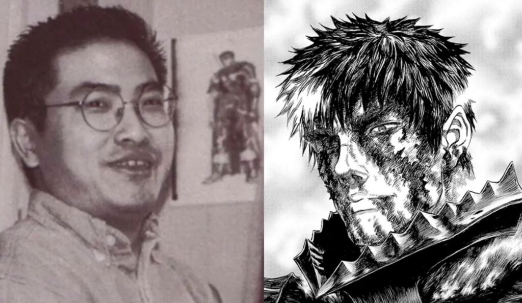 Mangaka Kentaro Miura alongside Guts from Berserk Manga Mangaka Kentaro Miura alongside Guts from Berserk Manga