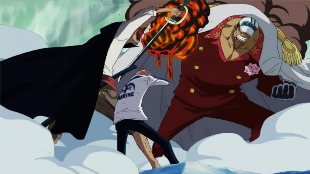 Red Haired Saves Koby from Admiral Akainu as seen in One Piece Anime